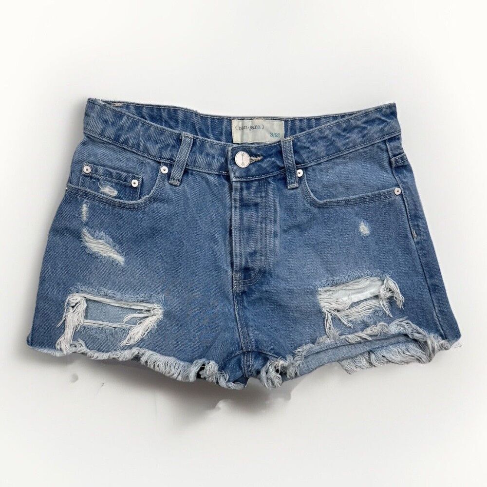 Ban Jara Shorts Juniors 3/25 Button Fly Blue Cotton Distressed Measures W27